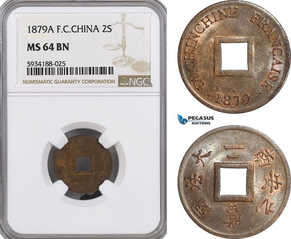 AG492, French Cochin-China, 2 Sapeque 1879-A, Paris, NGC MS64BN