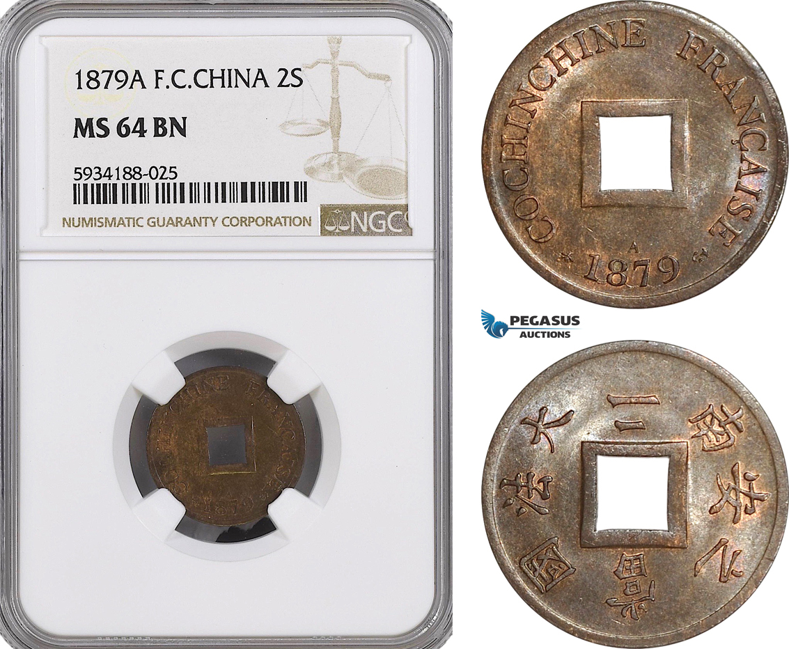 AG492, French Cochin-China, 2 Sapeque 1879-A, Paris, NGC MS64BN