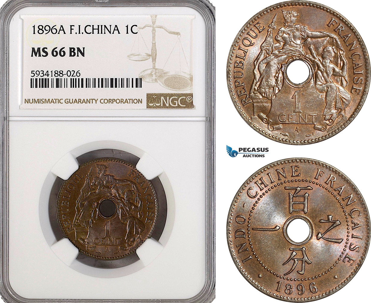 AG493, French Indo-China, 1 Centime 1896-A, Paris, NGC MS66BN, Pop 1/0