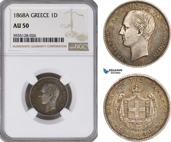 AG501-R, Greece, George I, 1 Drachma 1868-A, Paris, Silver, NGC AU50