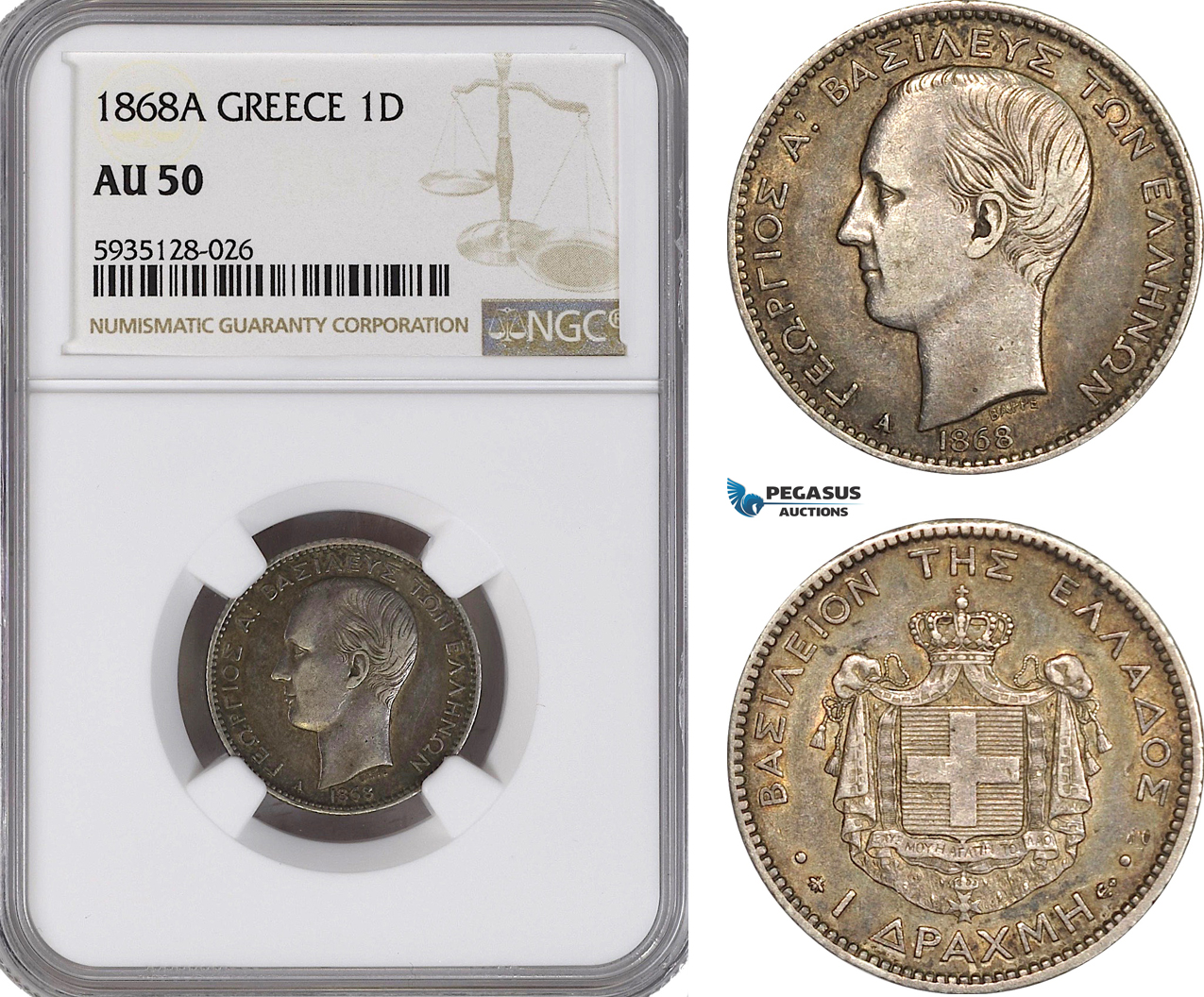 AG501-R, Greece, George I, 1 Drachma 1868-A, Paris, Silver, NGC AU50