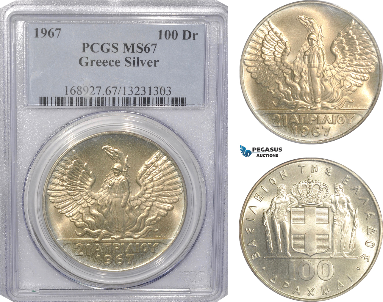 AG502, Greece, 100 Drachmai 1967 (1970) Silver, PCGS MS67