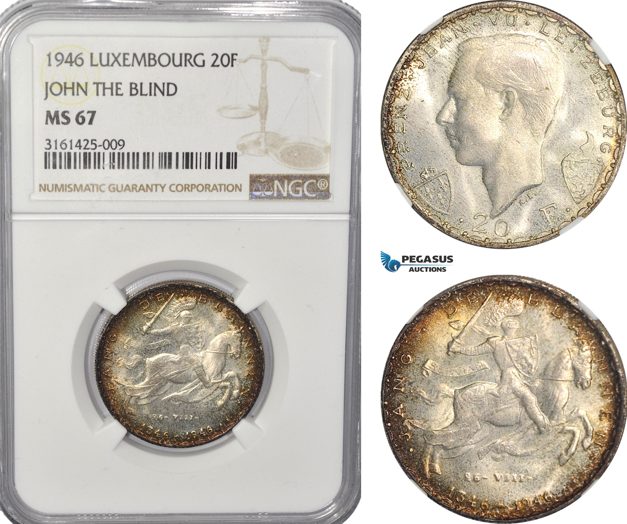 AG512, Luxembourg, Jean, 20 Francs 1946, John The Blind, Silver, NGC MS67