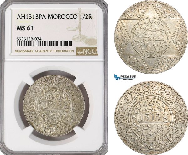 AG519-R, Morocco, Abdelaziz, 1/2 Rial AH1313­-Pa (1896) Paris, Silver, NGC MS61