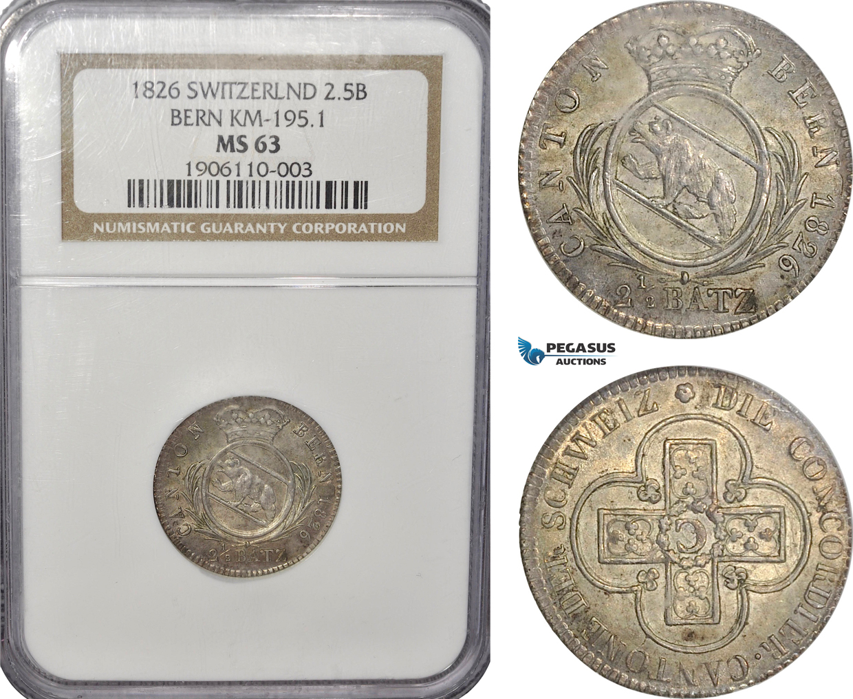 AG546, Switzerland, Bern, 2 1/2 Batzen 1826, Silver, NGC MS63