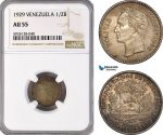 AG547-R, Venezuela, 1/2 Bolivar 1929, Philadelphia, Silver, NGC AU55