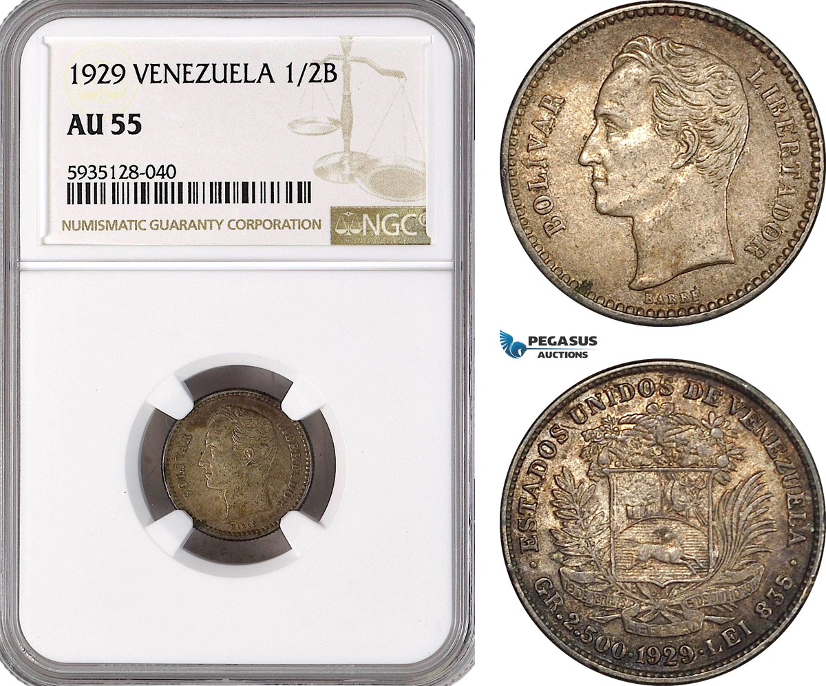 AG547-R, Venezuela, 1/2 Bolivar 1929, Philadelphia, Silver, NGC AU55