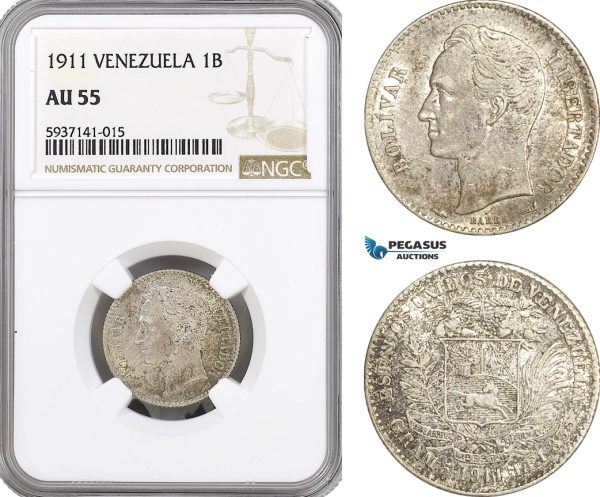 AG548, Venezuela, 1 Bolivar 1911, Paris, Silver, NGC AU55