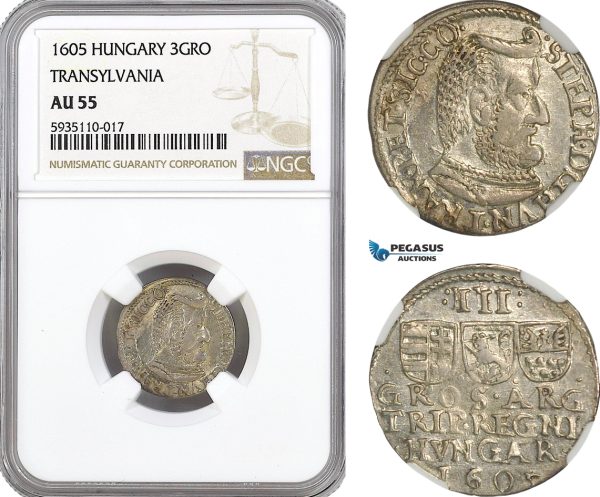 AG560, Transylvania, Stefan Bosckai, 3 Groschen 1605, Silver, NGC AU55