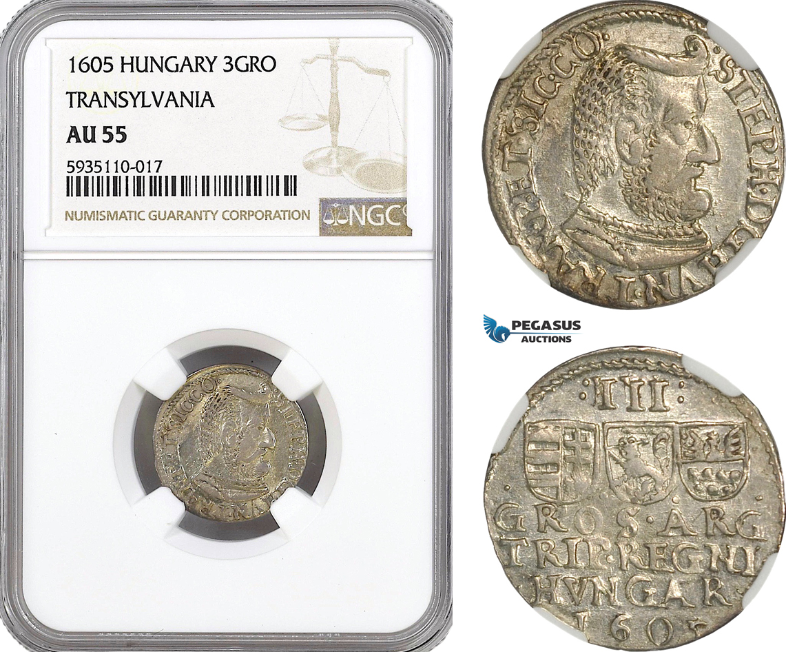 AG560, Transylvania, Stefan Bosckai, 3 Groschen 1605, Silver, NGC AU55