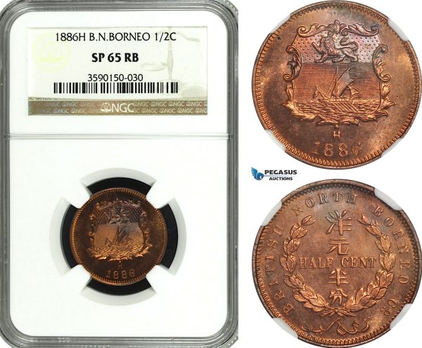 AG569, British North Borneo, 1/2 Cent 1886-H, Heaton, NGC SP65BN