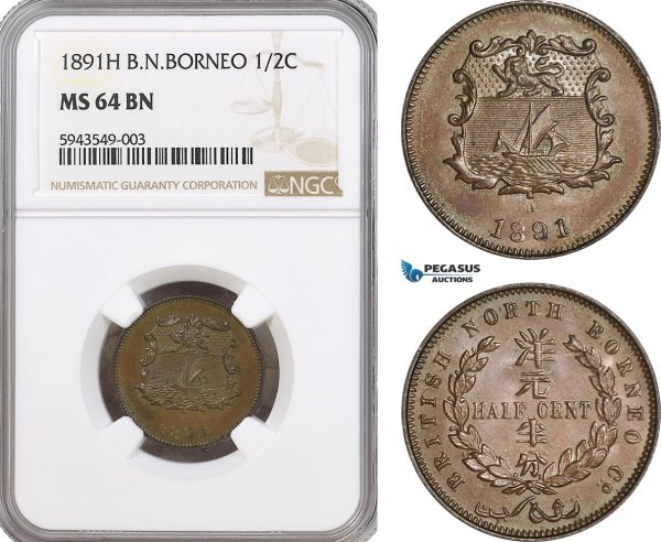 AG570, British North Borneo, 1/2 Cent 1891-H, Heaton, NGC MS64BN