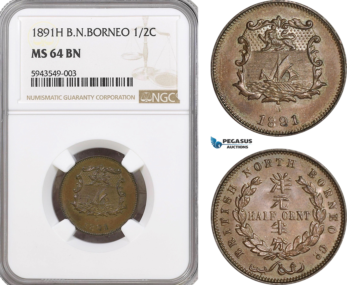 AG570, British North Borneo, 1/2 Cent 1891-H, Heaton, NGC MS64BN