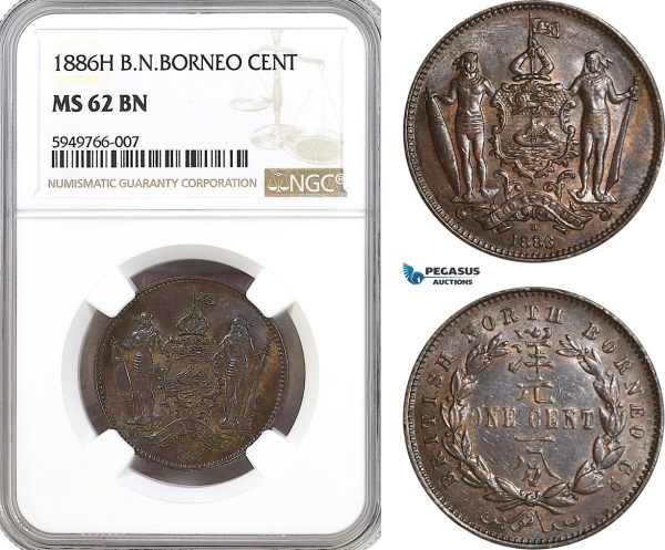 AG571, British North Borneo, 1 Cent 1886-H, Heaton, NGC MS62BN