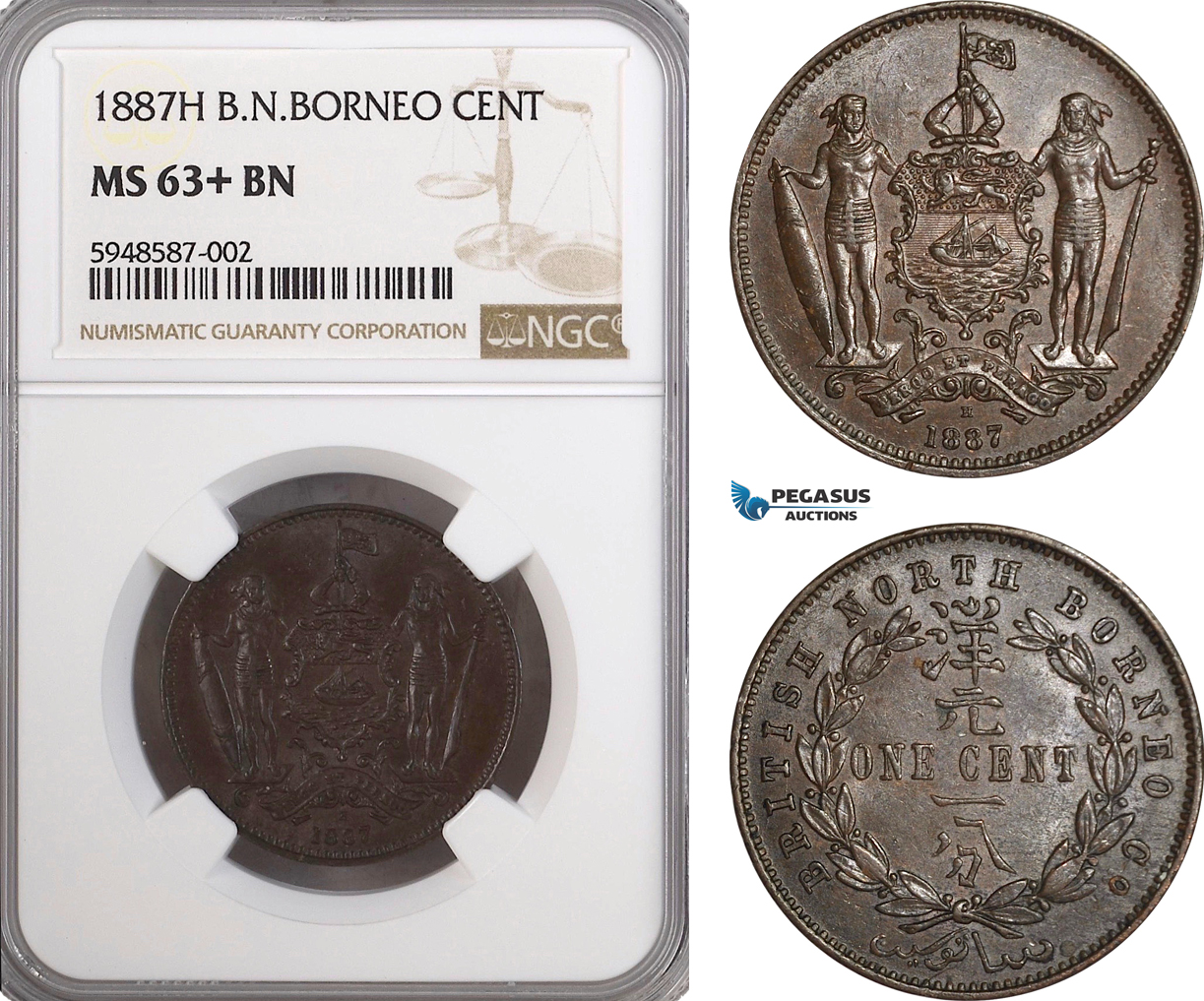 AG573, British North Borneo, 1 Cent 1887-H, Heaton, NGC MS63+BN
