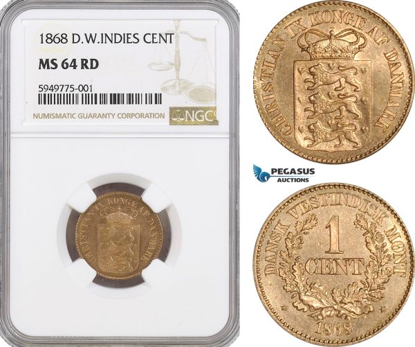 AG574, Danish West Indies, Christian IX, 1 Cent 1868, Altona, NGC MS64RD