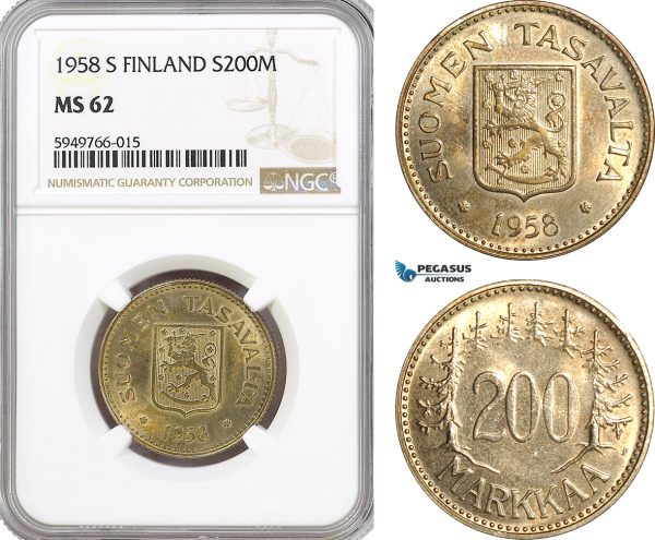 AG575, Finland, 200 Markkaa 1958-S, Helsinki, NGC MS62, Pop 1/1