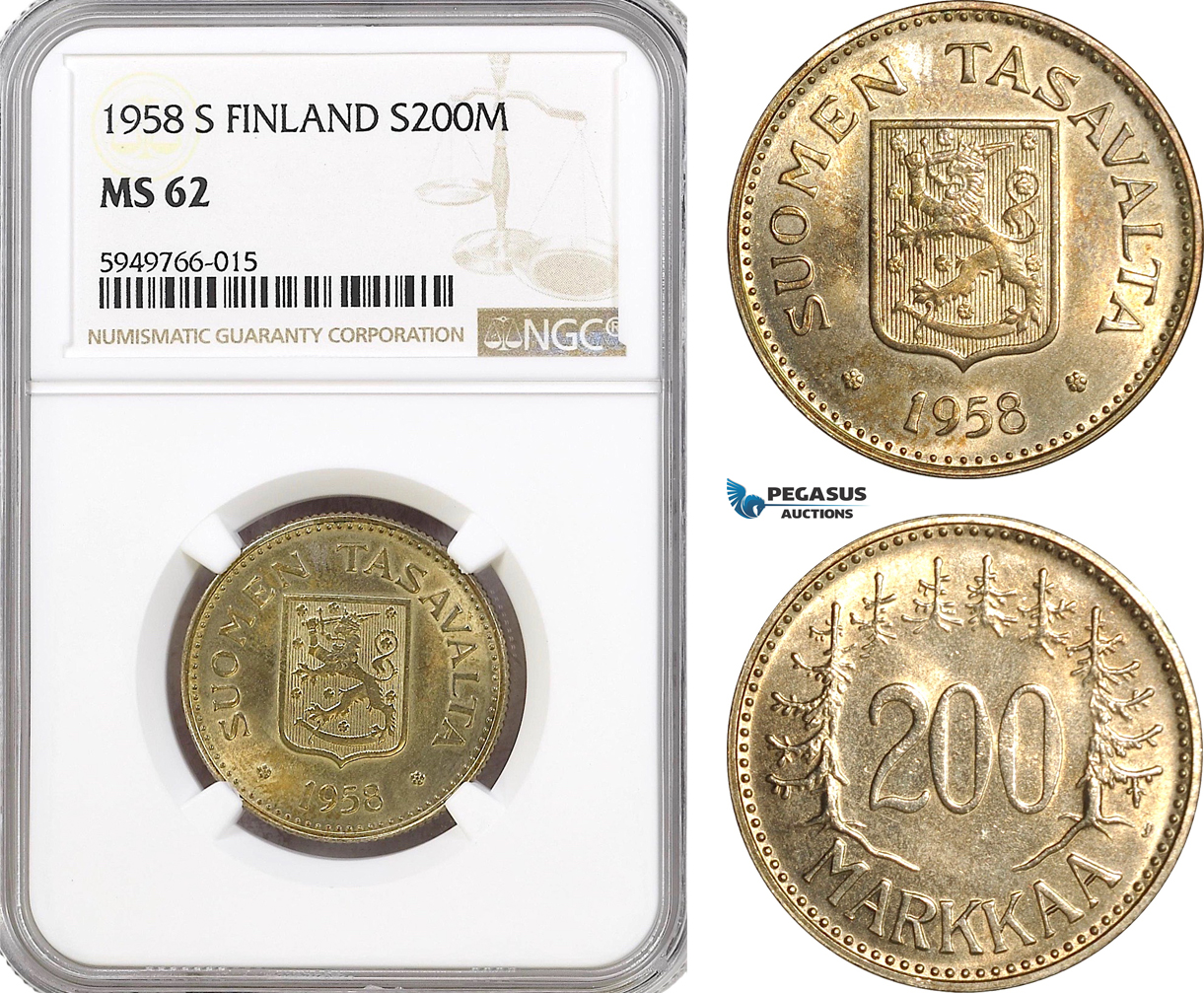 AG575, Finland, 200 Markkaa 1958-S, Helsinki, NGC MS62, Pop 1/1