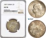 AG614, Serbia, Alexander I, 2 Dinara 1897, Vienna, Silver, NGC AU58