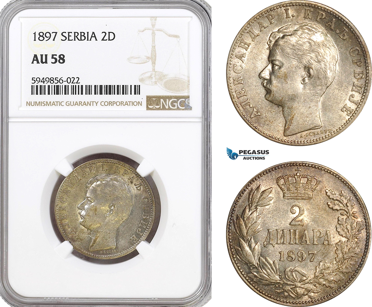 AG614, Serbia, Alexander I, 2 Dinara 1897, Vienna, Silver, NGC AU58