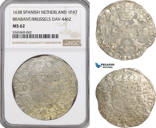 AG626, Spanish Netherlands (Belgium) Brabant, Philip IV, 1 Patagon 1638, DAV-4462, Silver, NGC MS62, Pop 1/0