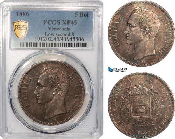 AG637, Venezuela, 5 Bolivares 1886, Caracas, Silver, PCGS XF45 (Low second 8)