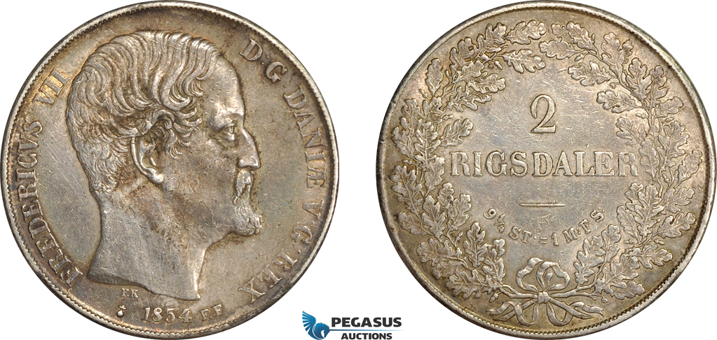 AG644, Denmark, Frederick VII, 2 Rigsdaler 1854 FF, Altona, Silver, Old cleaning