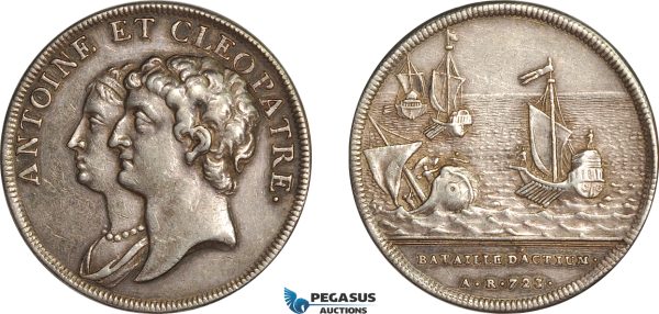 AG653, Switzerland & Egypt, Silver Medal (1740-1750) (Ø31.5mm, 9.99g) by J. Dassier, Cleopatra & Marc Antony, Battle of Actium, aXF, Rare!