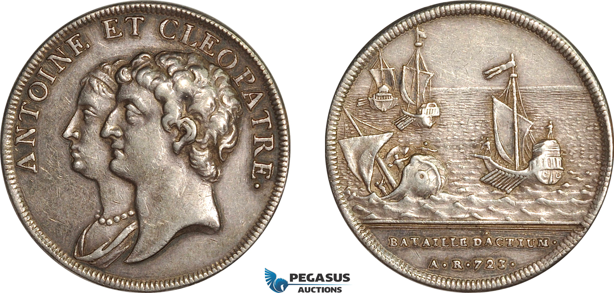 AG653, Switzerland & Egypt, Silver Medal (1740-1750) (Ø31.5mm, 9.99g) by J. Dassier, Cleopatra & Marc Antony, Battle of Actium, aXF, Rare!