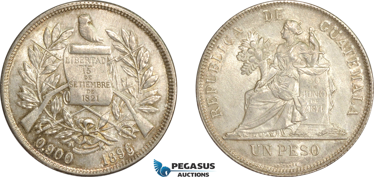 AG657, Guatemala, Peso 1896, Silver, Cleaned UNC