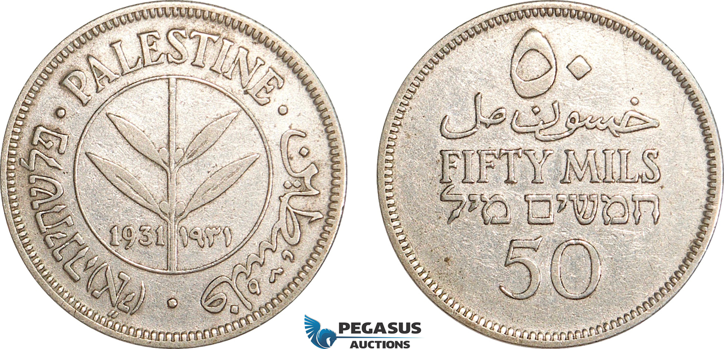AG671-R, Palestine, 50 Mils 1931, London, Silver, Cleaned VF-XF, Key date, Rare!