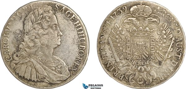 AG680, Transylvania, Charles VI, Taler 1739, Karlsburg, Silver (28.55g) Corroded VF, Rare!