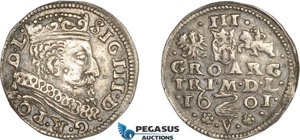 AG714, Lithuania, Sigismund III. of Poland, 3 Groschen (Trojak) 1601 Swan-V, Vilnius, Silver (2.16g) R3, Rare! XF