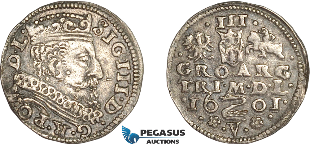 AG714, Lithuania, Sigismund III. of Poland, 3 Groschen (Trojak) 1601 Swan-V, Vilnius, Silver (2.16g) R3, Rare! XF