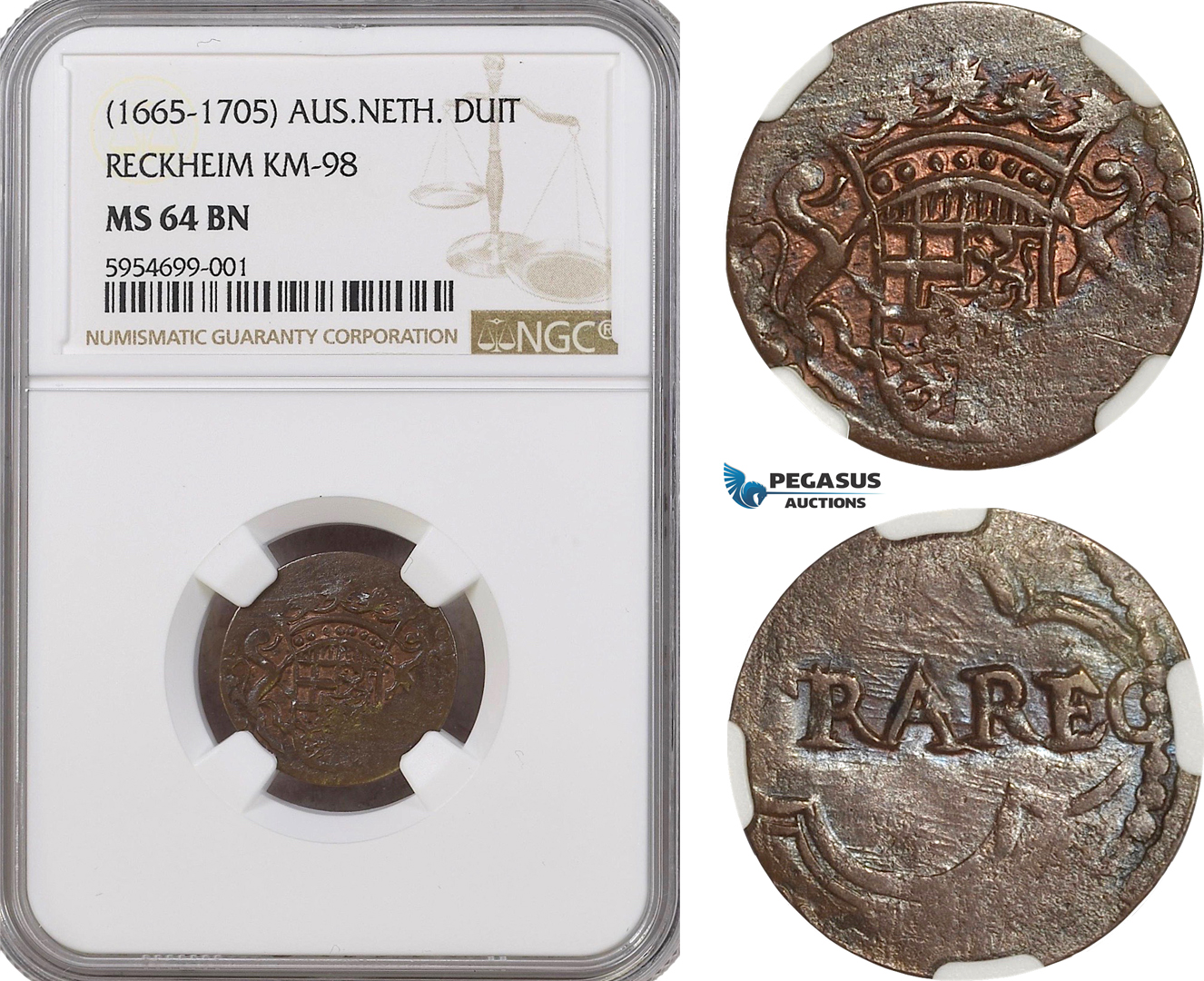 AG716, Austrian Netherlands, Duit, Reckeim KM98, NGC MS64BN, Pop 1/0