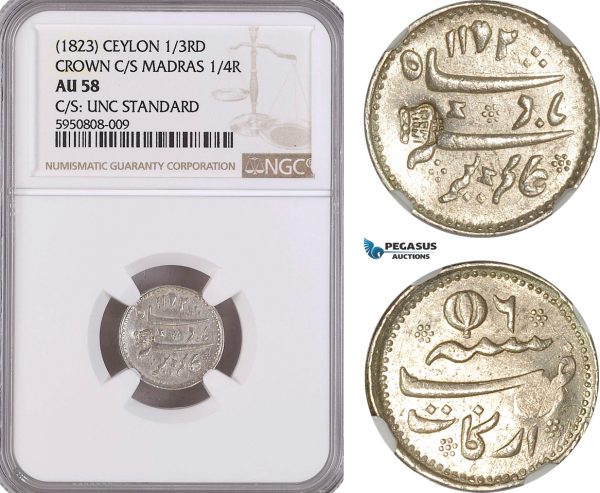 AG720, Ceylon 1/3 Rixdollar ND (1823), Crown C/S on Madras 1/4 Rupee, C/S UNC Standard