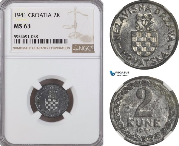 AG721, Croatia, 2 Kune 1941, Zagreb, NGC MS63