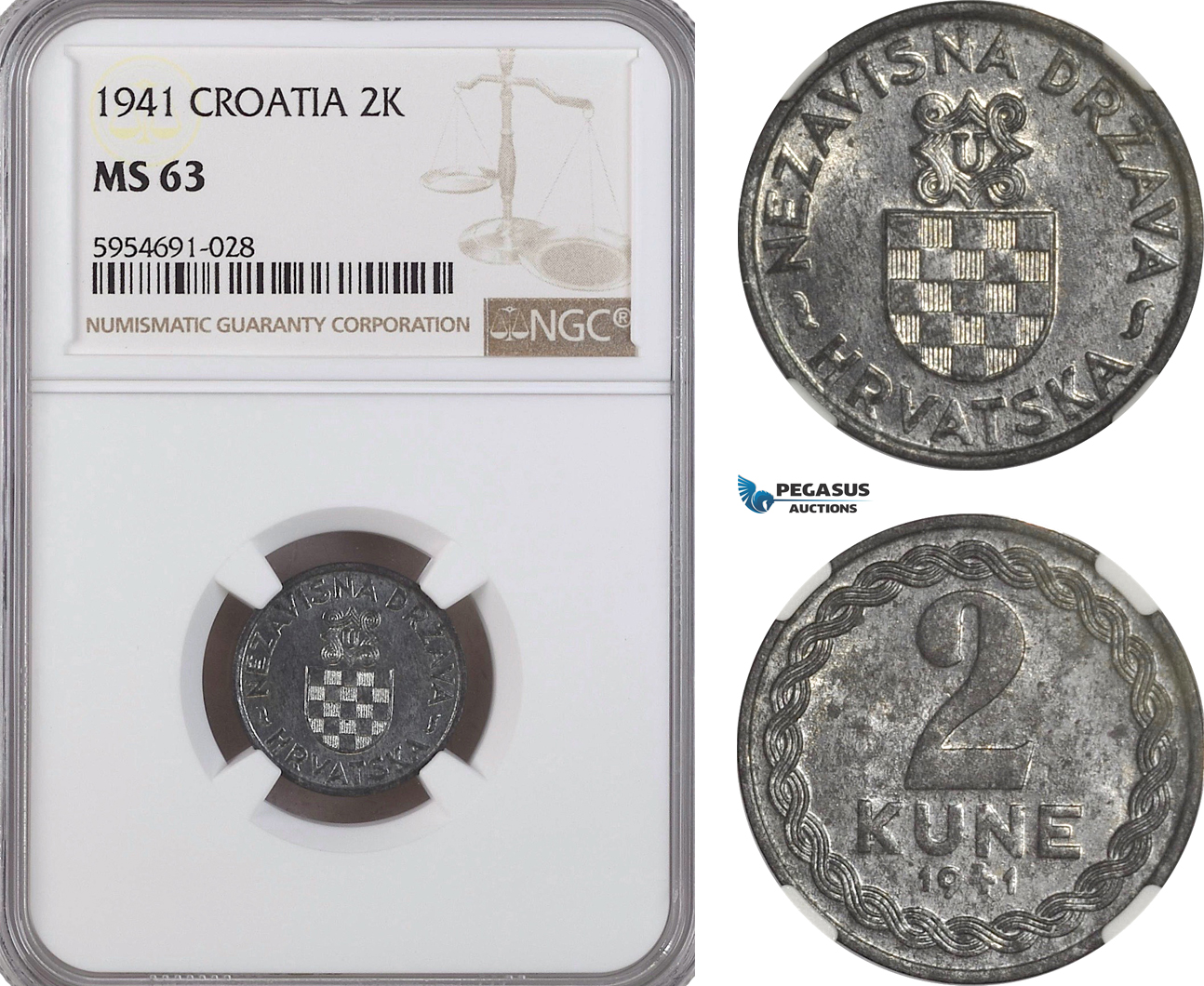 AG721, Croatia, 2 Kune 1941, Zagreb, NGC MS63