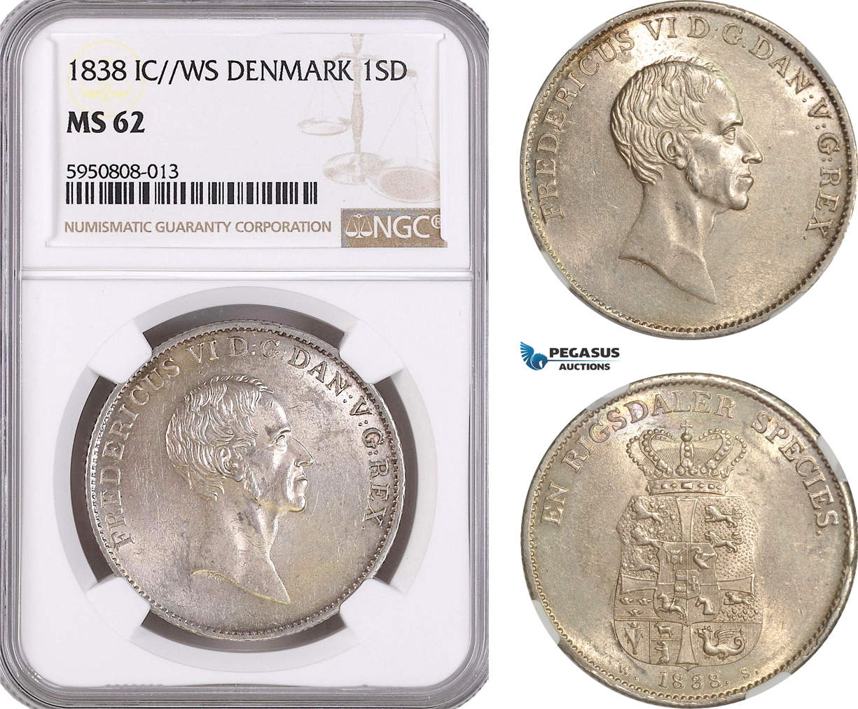 AG722, Denmark, Frederik VI, 1 Speciedaler 1838 IC-WS, Copenhagen, Silver, NGC MS62