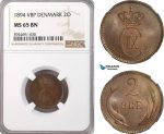 AG724, Denmark, Christian IX, 2 Ore 1894 VBP, Copenhagen, NGC MS65BN, Pop 3/0