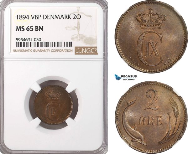AG724, Denmark, Christian IX, 2 Ore 1894 VBP, Copenhagen, NGC MS65BN, Pop 3/0