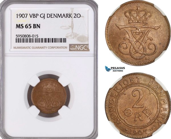 AG725, Denmark, Frederik VIII, 2 Ore 1907 VBP, Copenhagen, NGC MS65BN, Pop 3/0