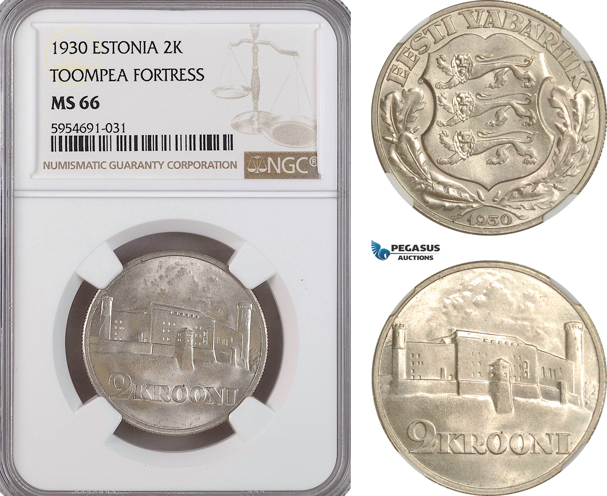 AG726, Estonia, 2 Krooni 1930 "Toompea Fortress" Silver, NGC MS66