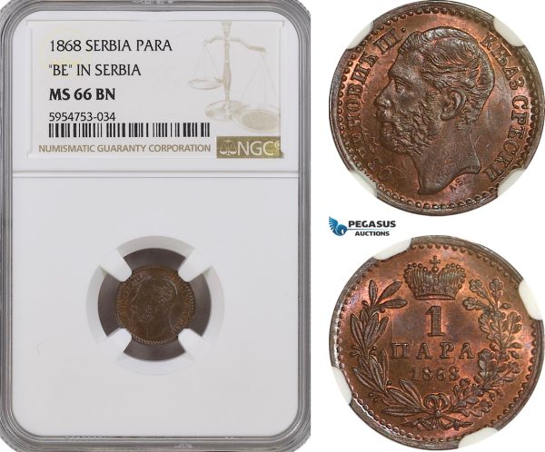 AG775, Serbia, M. Obrenovic III, 1 Para 1868, "BE in Serbia" NGC MS66BN