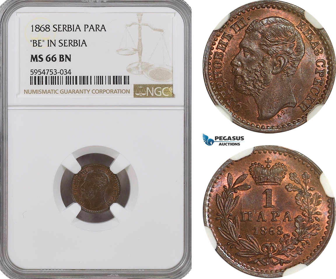 AG775, Serbia, M. Obrenovic III, 1 Para 1868, "BE in Serbia" NGC MS66BN