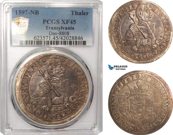AG778, Transylvania, Sigismund Bathori, Taler 1597-NB, Nagybanya, Silver, Dav-8808, PCGS XF45, Rare!
