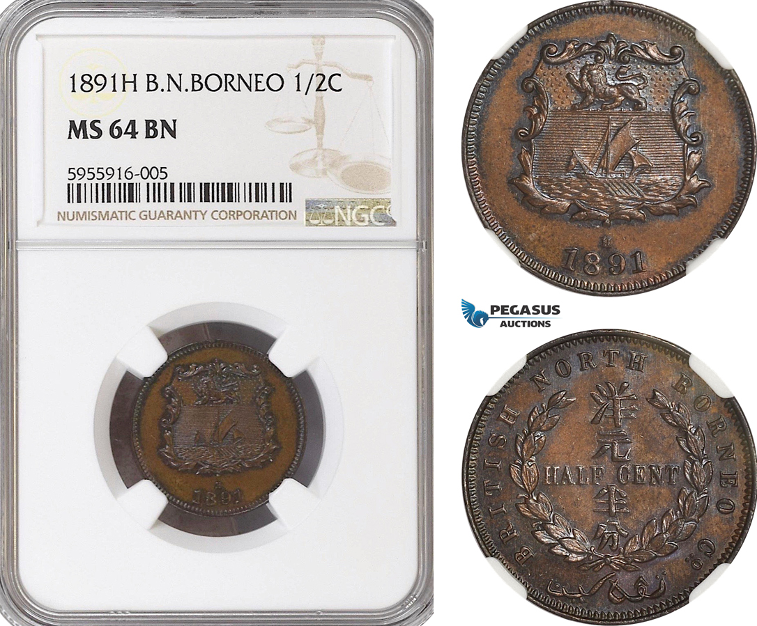 AG781, British North Borneo, 1/2 Cent 1891-H, Heaton, NGC MS64BN