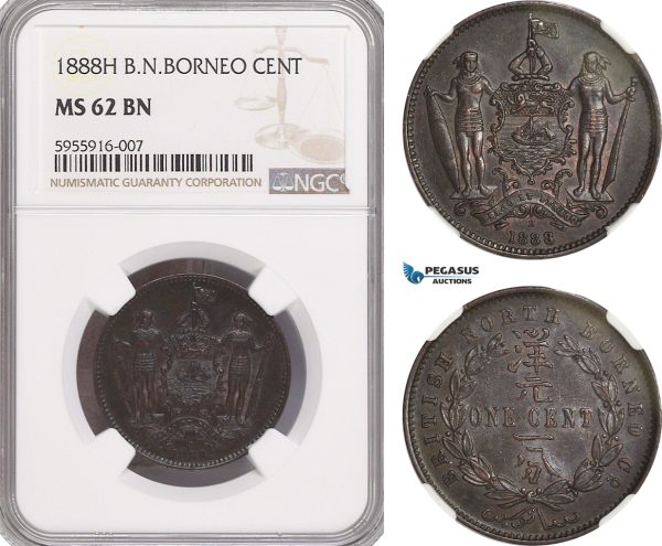 AG783, British North Borneo, 1 Cent 1888-H, Heaton, NGC MS62BN