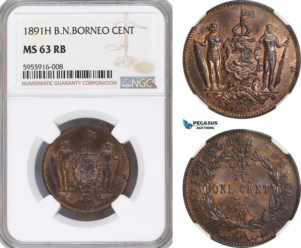 AG784, British North Borneo, 1 Cent 1891-H, Heaton, NGC MS63RB