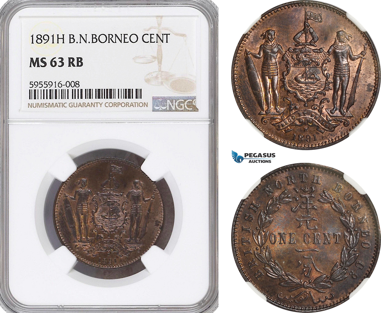 AG784, British North Borneo, 1 Cent 1891-H, Heaton, NGC MS63RB